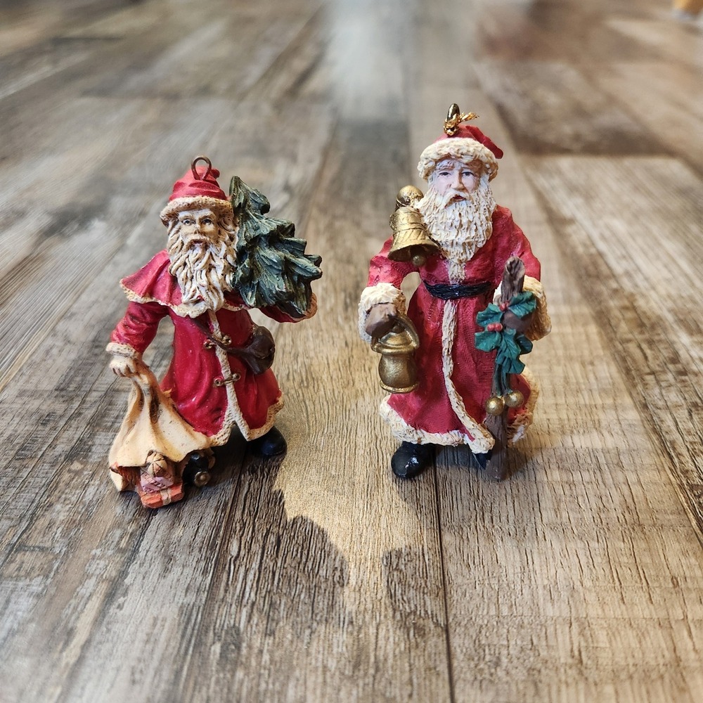 Vintage Style Santa Claus Ornaments Set of 2 Father Christmas Red Gold 3.5 Inch